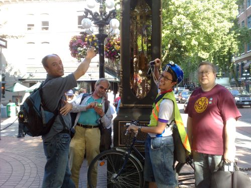 Mobie Media crew by the Steam Clock in Gastown